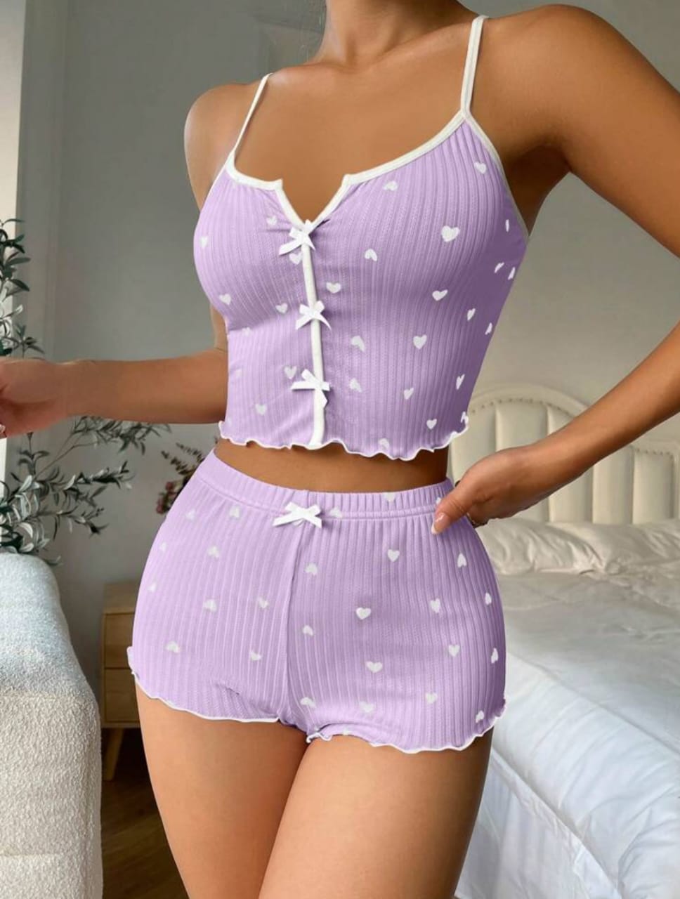 HEART PRINT RIBBED FRILL TRIM PAJAMA SET